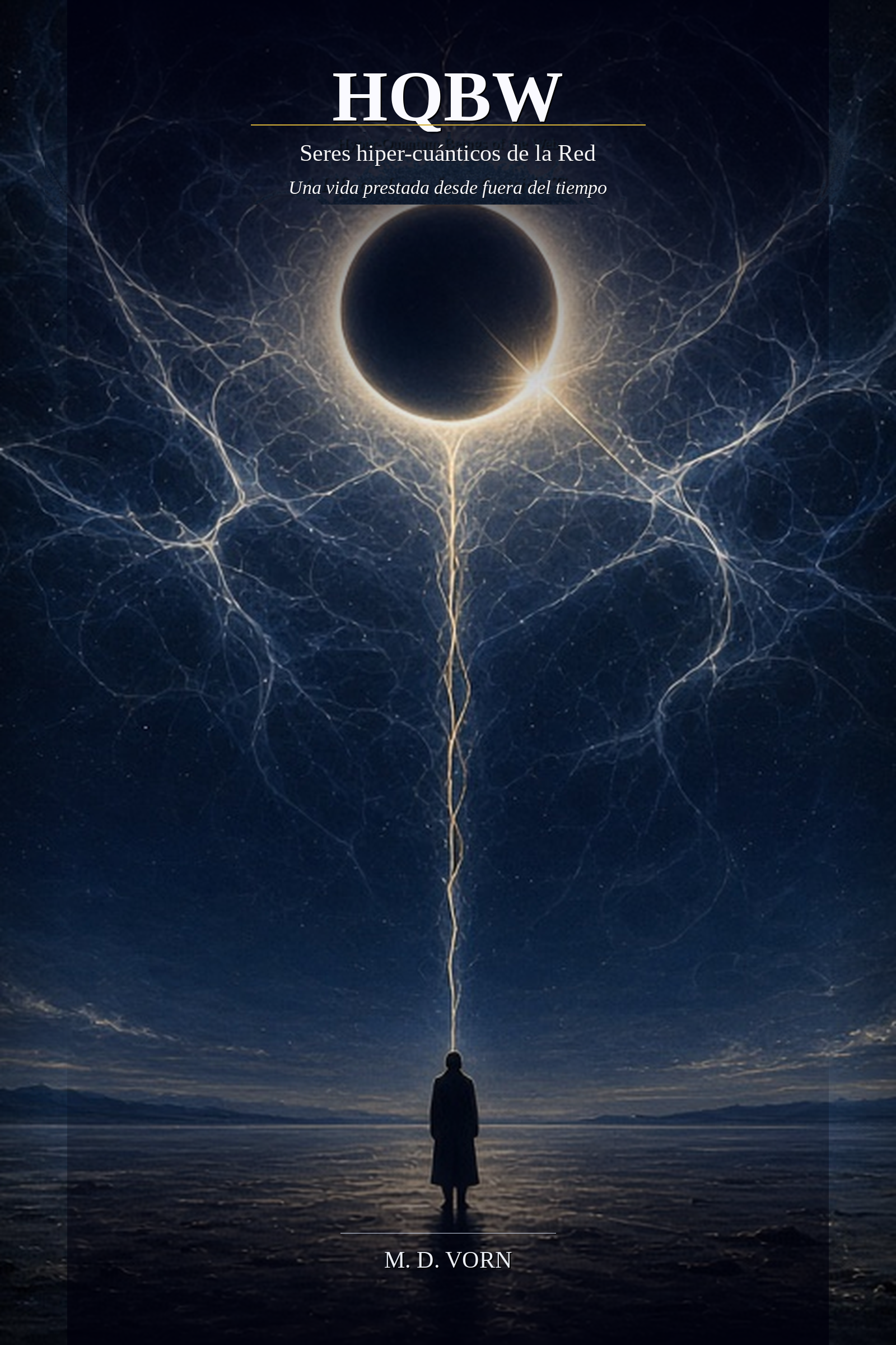 Portada de HQBW — figura solitaria bajo un eclipse solar total, hilo de luz hacia la Red; texto en español